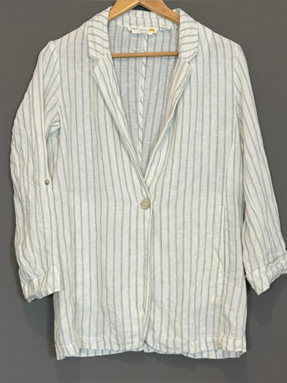 C&C California Linen Stripe Roll Tab Blazer Jacket White Blue Size S Coastal